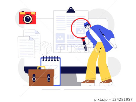 Private Investigator Illustration Featuring Detective Services with Magnifier, Binoculars, Photo Camera and Newspaper Articles for Crime Investigation Private Investigator Illustration Featuring Detective Services with Magnifier, Binoculars, Photo Camera and Newspaper Articles for Crime Investigation 124281957