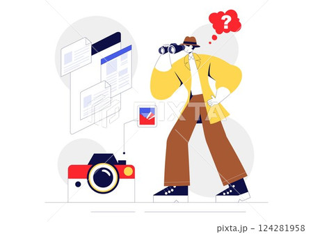 Private Investigator Illustration Featuring Detective Services with Magnifier, Binoculars, Photo Camera and Newspaper Articles for Crime Investigation 124281958