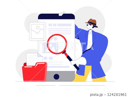 Private Investigator Illustration Featuring Detective Services with Magnifier, Binoculars, Photo Camera and Newspaper Articles for Crime Investigation Private Investigator Illustration Featuring Detective Services with Magnifier, Binoculars, Photo Camera and Newspaper Articles for Crime Investigation 124281961