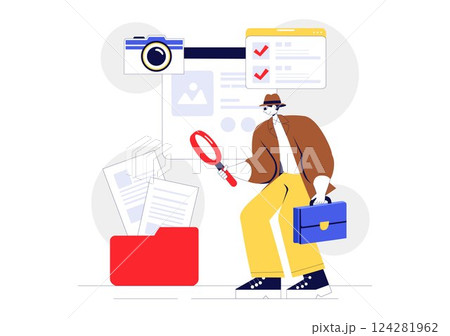 Private Investigator Illustration Featuring Detective Services with Magnifier, Binoculars, Photo Camera and Newspaper Articles for Crime Investigation 124281962