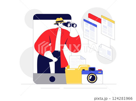 Private Investigator Illustration Featuring Detective Services with Magnifier, Binoculars, Photo Camera and Newspaper Articles for Crime Investigation 124281966
