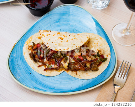 Tacos, mexican spicy food with beef 124282210