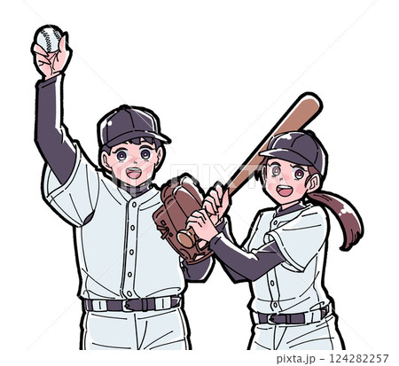 野球をする男の子と女の子のイラスト 野球をする男の子と女の子のイラスト 124282257