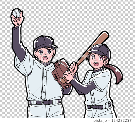 野球をする男の子と女の子のイラスト 野球をする男の子と女の子のイラスト 124282257