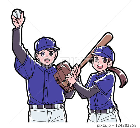 野球をする男の子と女の子のイラスト 野球をする男の子と女の子のイラスト 124282258