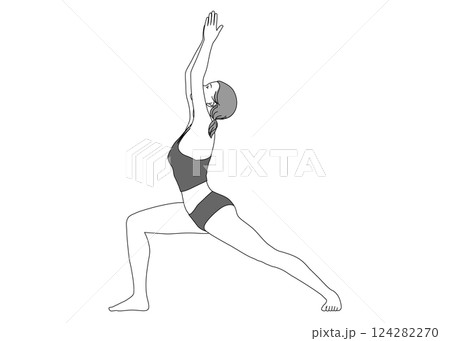 ヨガ 戦士のポーズ1をする日本人女性のイラスト 全身横向き モノクロ 124282270