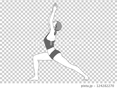 ヨガ 戦士のポーズ1をする日本人女性のイラスト 全身横向き モノクロ 124282270
