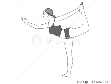 ヨガ ダンサーのポーズをする日本人女性のイラスト 全身横向き モノクロ 124282273