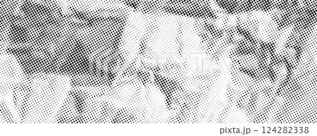 Black halftone crumpled paper wallpaper. Creased paper sheet texture. Comic pop art grainy crumple overlay. Dotted rough wrinkled background. Aged damaged gritty page surface in cartoon style. Vector 124282338