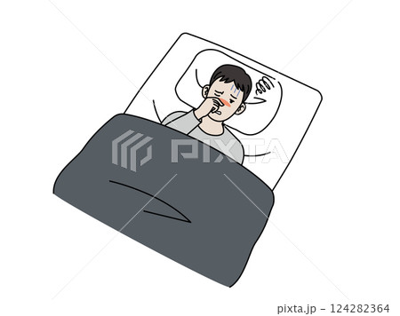鼻詰まりで眠れず困る若い男性のイラスト 124282364
