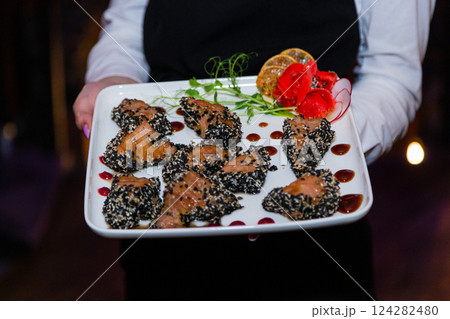 Grilled grilled red fish meat with sesame seeds in Grilled grilled red fish meat with sesame seeds in 124282480