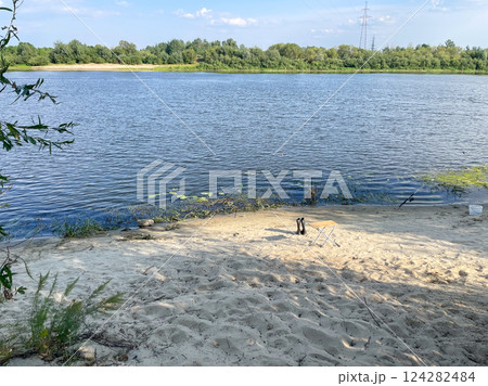 Tackle for fishing on the river bank in summer 124282484