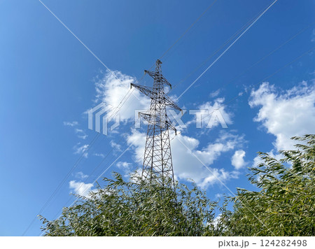 Power line against the blue sky and branches of Power line against the blue sky and branches of 124282498