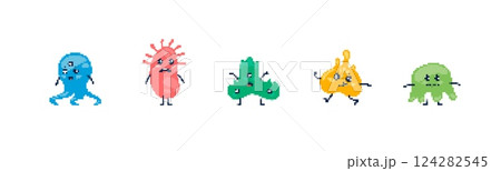 Cute colorful pixelated monsters in various shapes and expressions 124282545