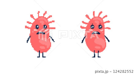 Two cute pixel art creatures with round bodies and silly expressions in playful cartoon style Two cute pixel art creatures with round bodies and silly expressions in playful cartoon style 124282552