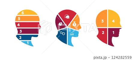 Three colorful human head shapes with various segmented designs and symbols inside each head 124282559