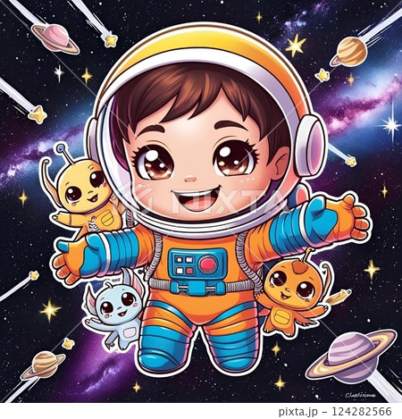 宇宙人に惑星の木星と土星を持った日に向かう宇宙を見上げる 124282566