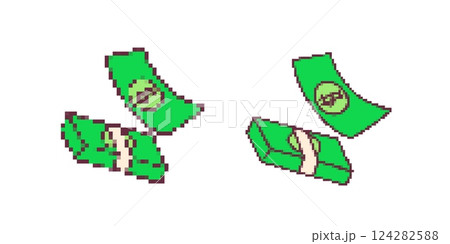 Retro pixel art style green money bills and bundles falling and floating isolated Retro pixel art style green money bills and bundles falling and floating isolated 124282588