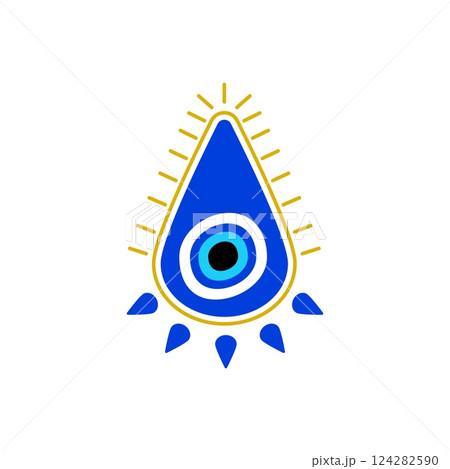 Blue evil eye charm with yellow sunburst design for protection and good luck 124282590