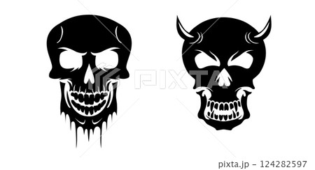 Spooky skull with devil horns and grunge splashes for Gothic designs. 124282597