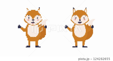 Pixel art foxes joyfully posing with arms up and subtle expression differences 124282655