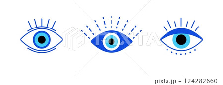 Three stylized blue eyes with unique patterns and minimalistic artistic design 124282660