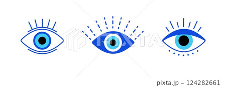 Three stylized blue eyes with unique patterns and minimalistic artistic design 124282661