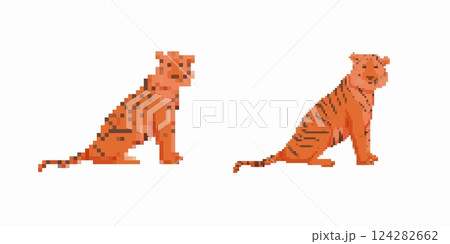 Pixel art tigers facing forward and backward in a simple geometric style 124282662