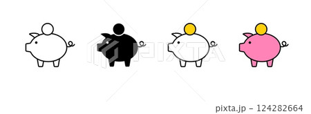 Four stylized piggy bank icons in black, white, and pink with coin designs 124282664