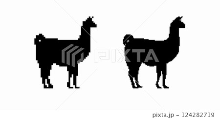 Silhouette of two llamas in profile view showing unique body shape and tail curl Silhouette of two llamas in profile view showing unique body shape and tail curl 124282719