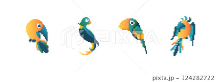 Colorful pixel art parrots in retro style facing different directions left to right 124282722