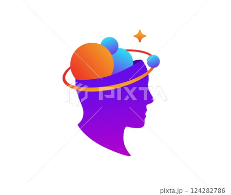 Silhouette with celestial planets orbiting the head symbolizing imagination and thought Silhouette with celestial planets orbiting the head symbolizing imagination and thought 124282786