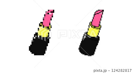 Two bright pink lipsticks with yellow cases on display in black containers Two bright pink lipsticks with yellow cases on display in black containers 124282817