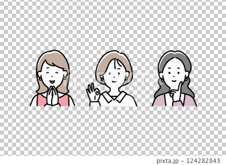 Illustration set of a fashionable woman smiling happily Illustration set of a fashionable woman smiling happily 124282843