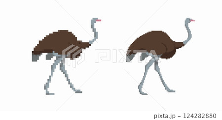 Pixel art ostrich characters walking with long legs and curved necks in simple style 124282880