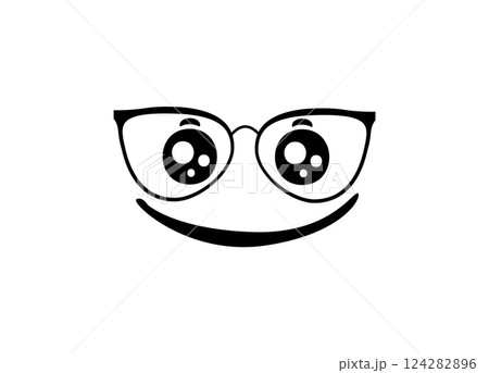 Happy face design with funky glasses and playful smiling expression in simple black and white Happy face design with funky glasses and playful smiling expression in simple black and white 124282896