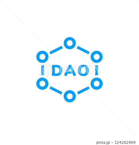 Blue network hexagon icon featuring dao letters inside connected circle shapes 124282909