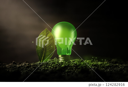 Green Energy, Renewable and Sustainable Resources in Environmental Concept. a Green Leaf with Light Bulb Glow on Dark Soil Green Energy, Renewable and Sustainable Resources in Environmental Concept. a Green Leaf with Light Bulb Glow on Dark Soil 124282916