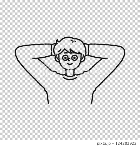 頭の後ろで手を組む男性　線画 124282922