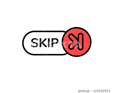 Iconic red skip button with bold lettering and simplistic modern design elements 124282925