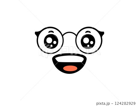 Cute cartoon face with glasses smiling with wide open eyes for fun and laughter 124282929