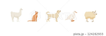Pixel art animals in a row: llama, cat, dog, duck, and sheep displayed in pixelated style 124282933