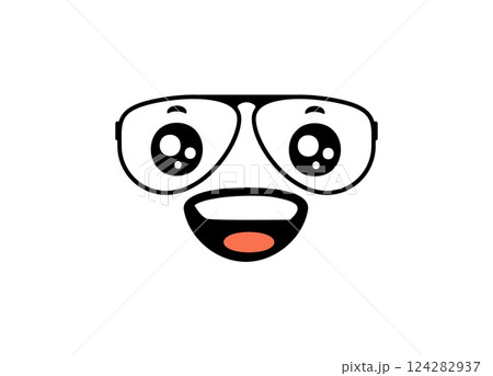 Cartoon face with big happy eyes and glasses smiling brightly with joyful expression 124282937