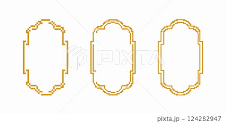 Three geometric pixel frames in gold with symmetrical curved designs and decorative elements Three geometric pixel frames in gold with symmetrical curved designs and decorative elements 124282947