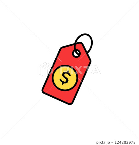 Red price tag with yellow coin symbol centered and black outline displaying currency sign Red price tag with yellow coin symbol centered and black outline displaying currency sign 124282978