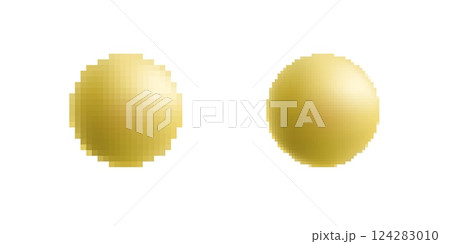 Shiny golden spheres with smooth texture show reflective and glossy surfaces in bright light 124283010