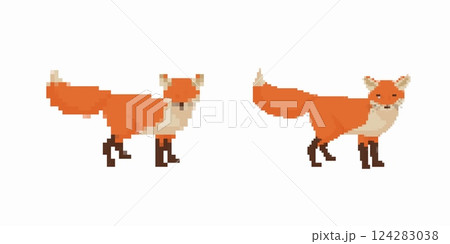 Retro pixel art foxes with orange fur and bushy tails in standing poses 124283038