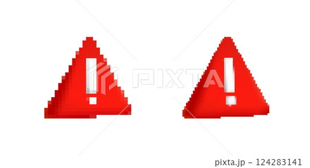 Two red warning triangles with exclamation marks indicating alert or caution symbol 124283141