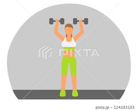 Fitness woman with dumbbells. Flat design vector illustration. 124283183