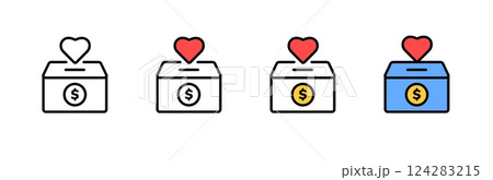 Charity donation boxes with heart symbols and coin icons in four different color variations Charity donation boxes with heart symbols and coin icons in four different color variations 124283215